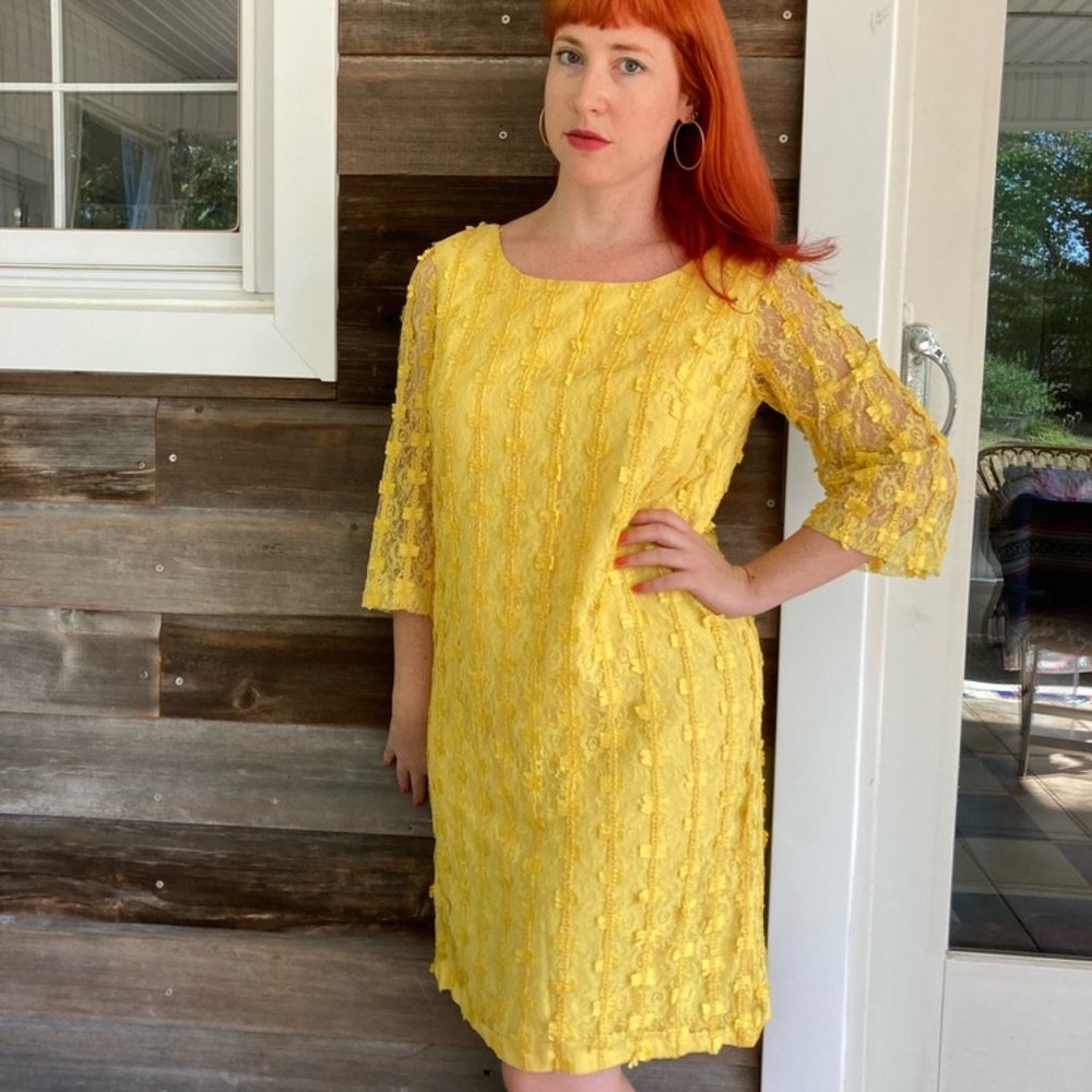 vintage yellow lace 60s dress . MOD dress . Mad Men dress . bespoke dress